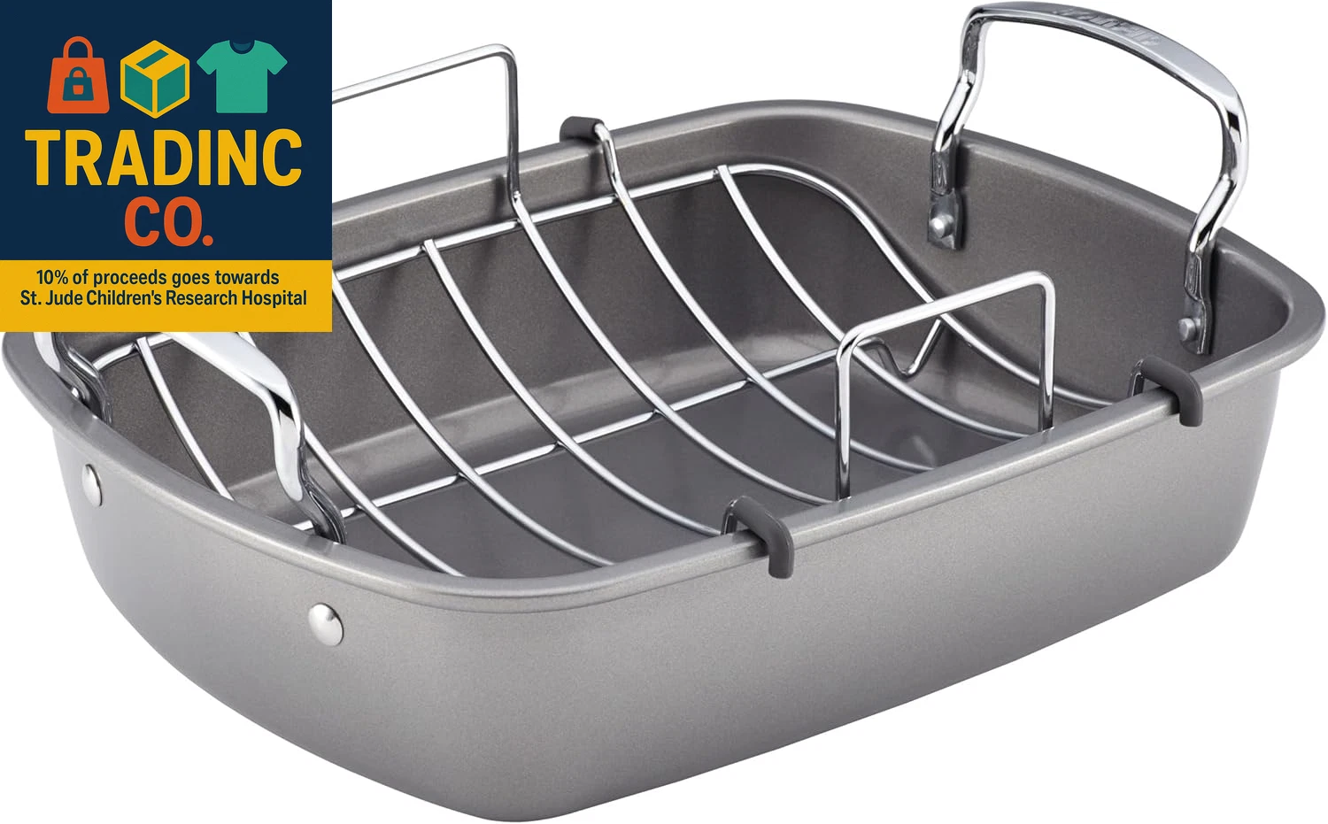 Nonstick Roasting Pan / Roaster with Rack - 17 Inch X 13 Inch, Gray