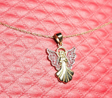 New 10k White Yellow Gold Crafted Angel Pendant Charm Chain Link Necklace