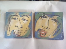 Watercolor Portrait on Tile Hanging Art by R. Love Signed (Set of 2)