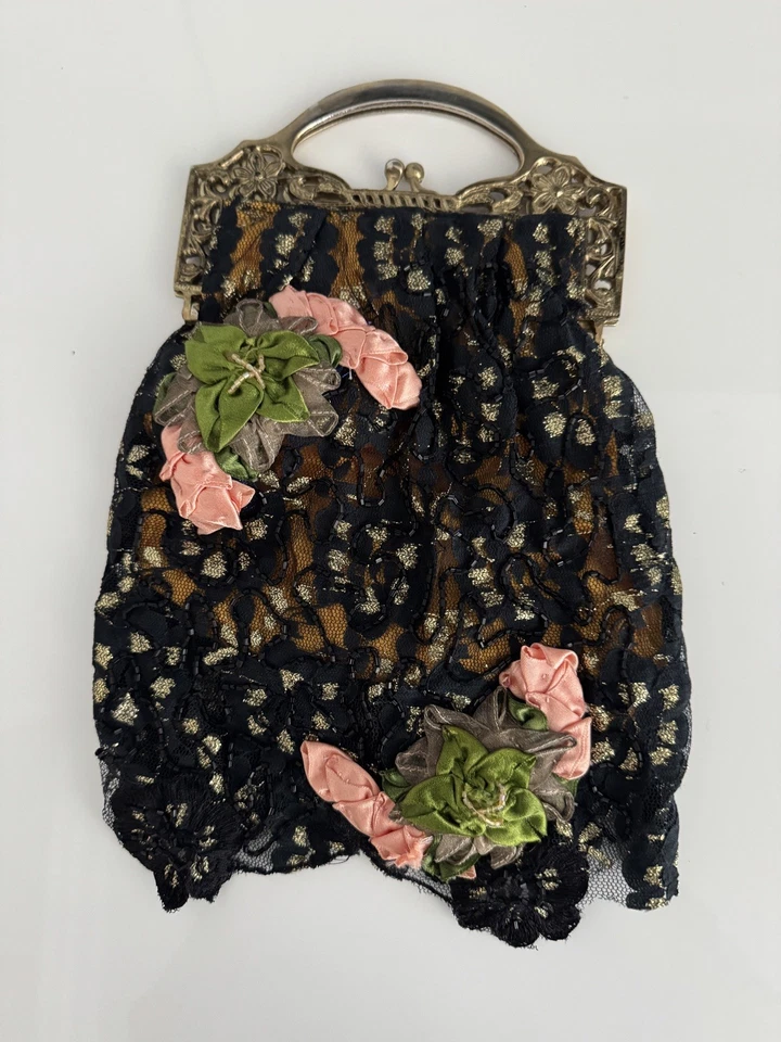 复古蕾丝黑色钱包带金属手柄 12 英寸长 — 第 2/4 张图片