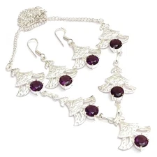 Purple Amethyst Quartz Silver Plated Earring Necklace Jewelry Set 18 To 20" o013