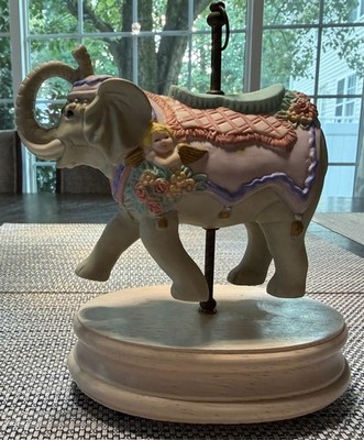 Vintage Porcelain Carousel Elephant Music Box with Cherub & Floral Pastel Accent