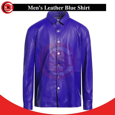 Men's Genuine Lambskin Blue Leather Soft Shirt Slim Fit Button up Full Sleeve