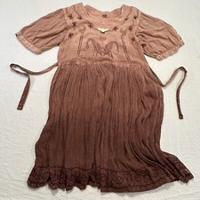 Vintage CottageCore Boho Embroidered Dress Rayon L  Crepe Skirt Tie Dye