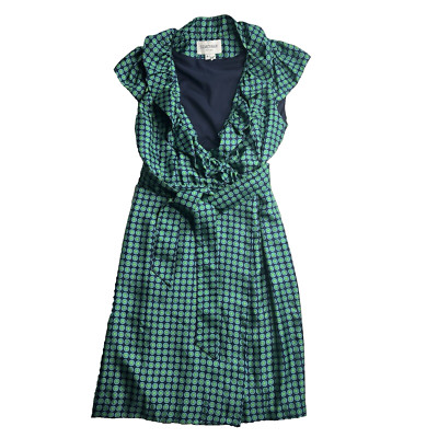 Elizabeth McKay Dress Green & Blue Silk Circle Print Wrap Around sz 6