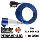 13A PLUG TO 32A BLUE SOCKET EXTENSION LEAD 5M 10M 15M 25M CARAVAN EVENT ADAPTER