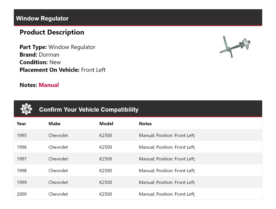 Regulador de ventana delantero izquierdo Chevrolet K2500 Dorman 1995-2000 1996 1997 1998 Foto 2 de 4
