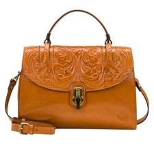 Patricia Nash Stintino Vintage Leather Flap Satchel Cognac Tooled