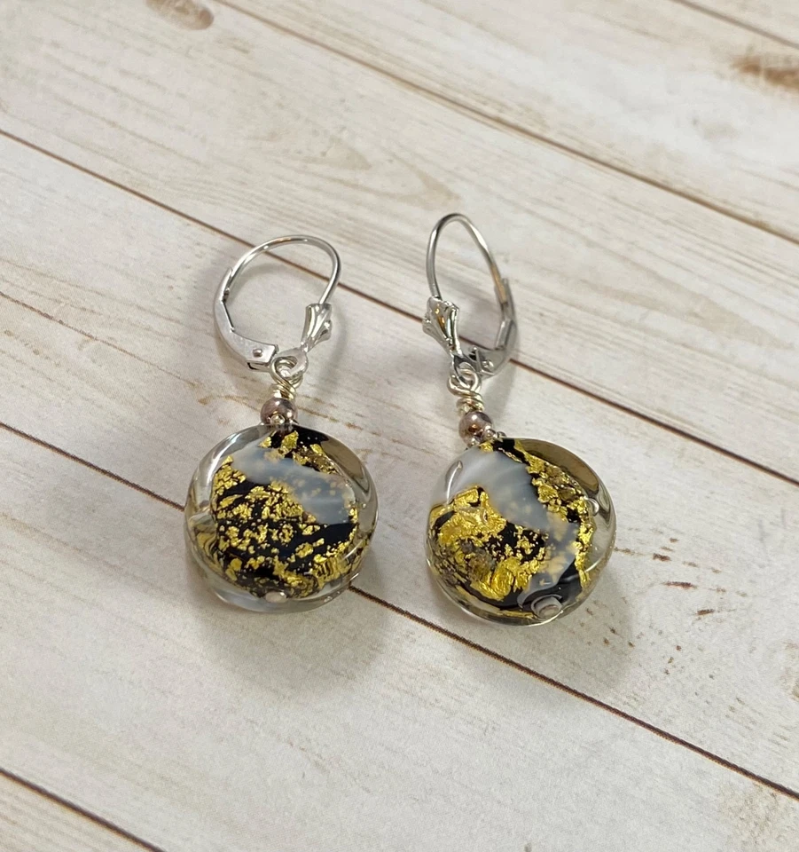925 Earrings Gold Fleck Confetti Glass Earrings Round Dangle Leverback - Image 4 of 4