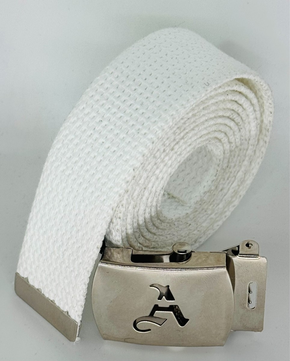 Canvas White Web Military Belt Chrome Buckle Old English A-Z 60