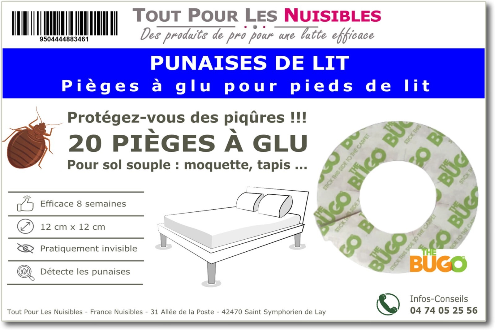 20 Pièges à glu The Bugo pour pieds de lit sur sols souples et moquettes