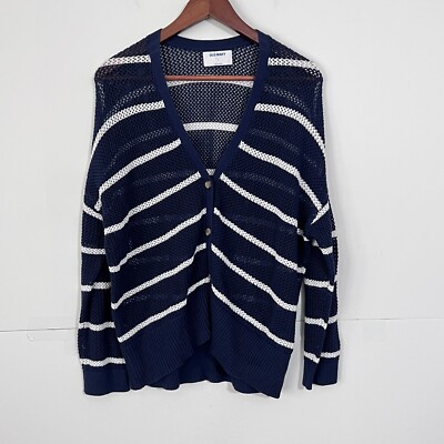 Old Navy Womens Open Knit Cardigan Sweater Size L Blue Striped Button Up 