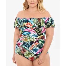 Swim Solutions EVENING PALM BLACK MULTI Ruffled One-Piece Swimsuit 18W NWT