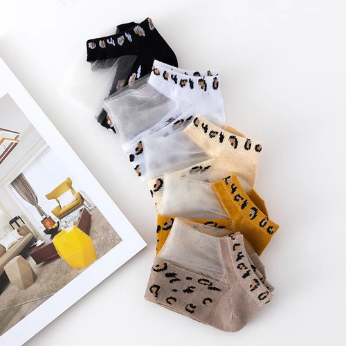 5 Pairs Thin Transparent Leopard Pattern Print Socks Women Fashion Footwear HOT - Picture 5 of 8