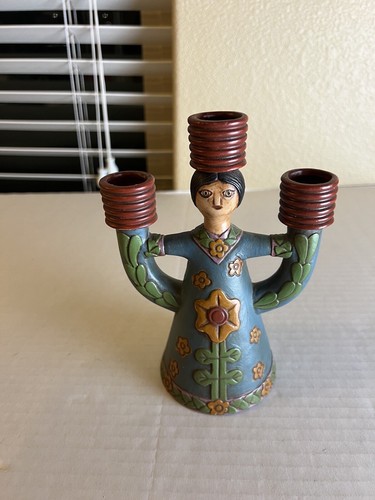 Bell Shape Girl 3 Tier Pottery Candelabra Candle Holder Folk Art - Picture 3 of 6