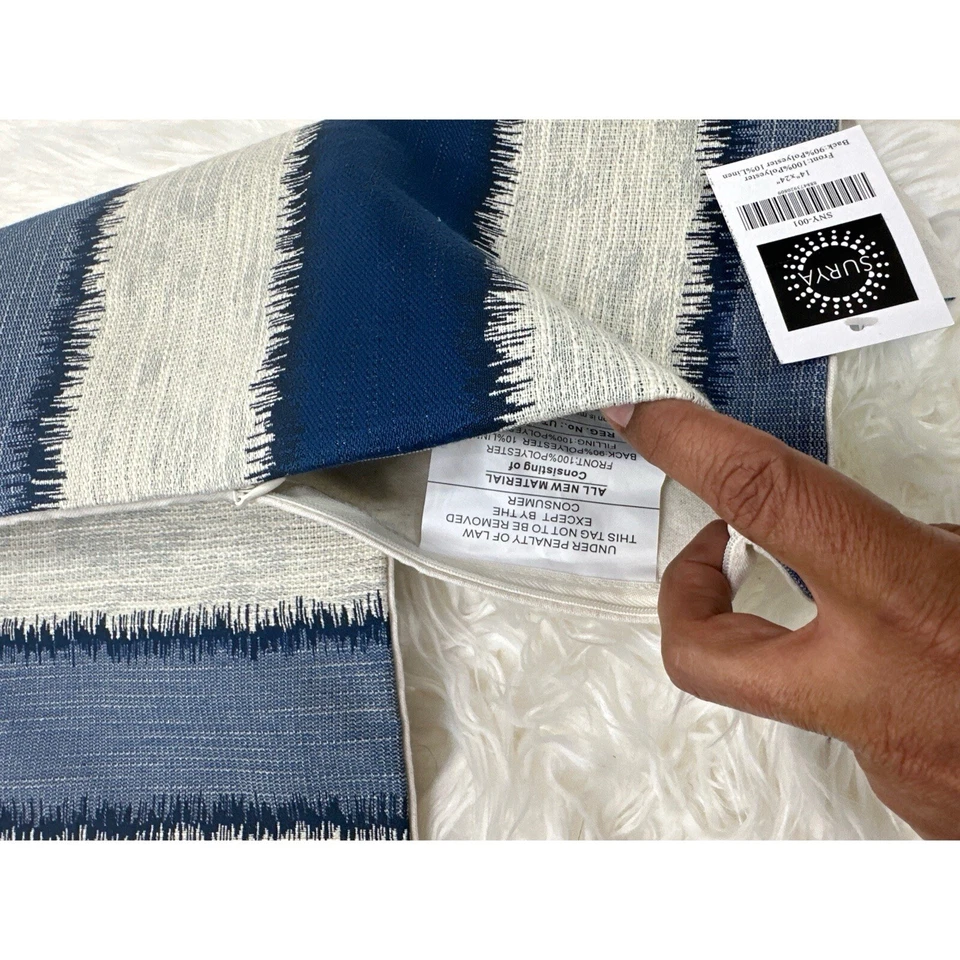 Surya 24x14 льняной полиэстер в полоску синий набор из 2 наволочек застежка-молния - Изображение 3 из 4