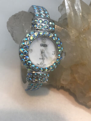 NOS Gruen Baby Blue Rhinestone Bling Bracelet Watch With New Battery