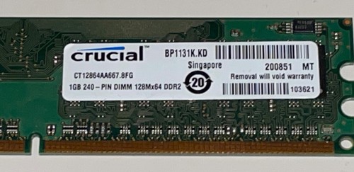 Crucial/Micron 1GB PC2-5300, DDR2-667 DIMM SDRAM/Memory CT12864AA667.8FG - Picture 2 of 4