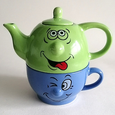 Lustige Gesichter Kanne Tee für einen & Tasse blau und grün Passatwind Geburtstagsgeschenk