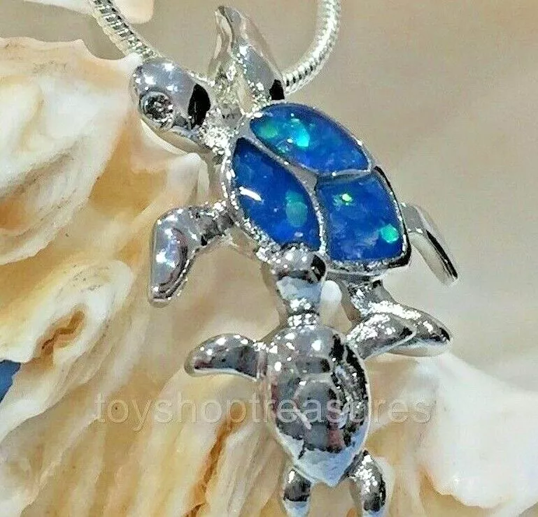 New Blue Fire Opal Turtle Necklace Honu Sea Turtle Mum and Baby on