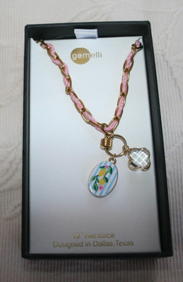 18'' Gold tone metal chain & Cord Necklace oval floral & clover shaped pendants