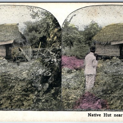 c1900s USA Panama Canal Zone Native Thatched Hut Jungle Village Stereoview V11