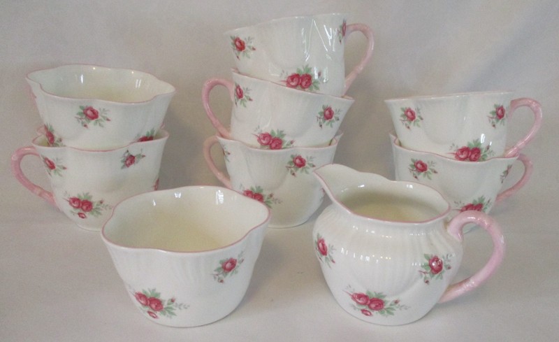 Crown Staffordshire "Sweetheart Rose" Sugar,Creamer,7 cups bone china
