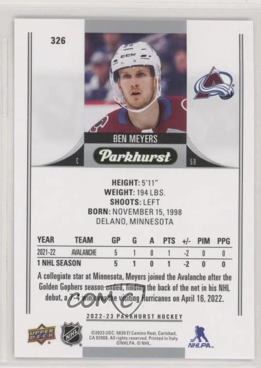 2022-23 Upper Deck Parkhurst Rookies Bronze Border Ben Meyers #326 Rookie RC - Image 2 of 2