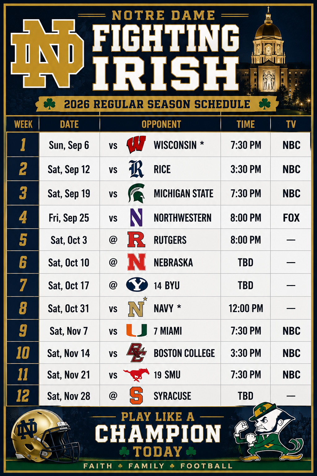 6" Notre Dame Football 2026 Schedule Magnet Refrigerator Locker