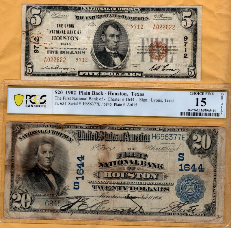 $20 Series 1902 Plain Back and $5 Type 2 1929 National Banknotes Houston, Texas