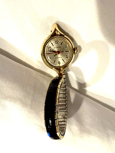WORKING Vintage Women's Bulova Watch 10K Manual Wind With Black Speidel Band