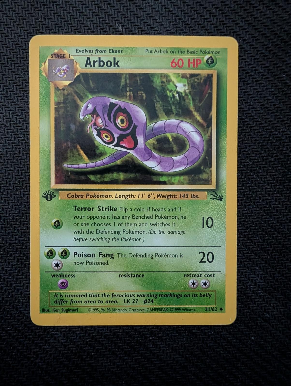 Arbok 31/62 Uncommon Fossil Pokemon 1st Edition Moderately Played