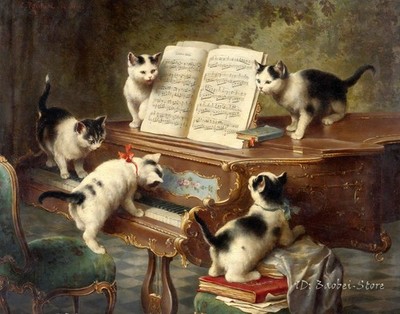 Five kittens on the piano Giclee art Oil painting HD printed on canvas L3865