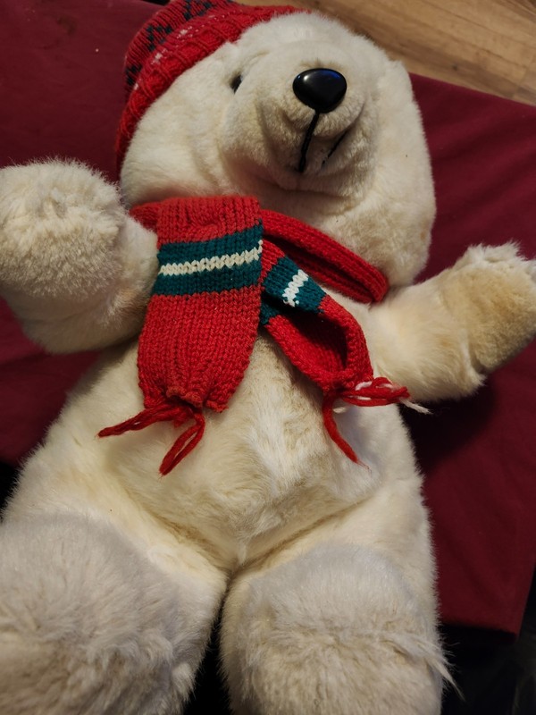 Vintage 1986 17" White Plush K-Mart Bear with red and green hat+scarf