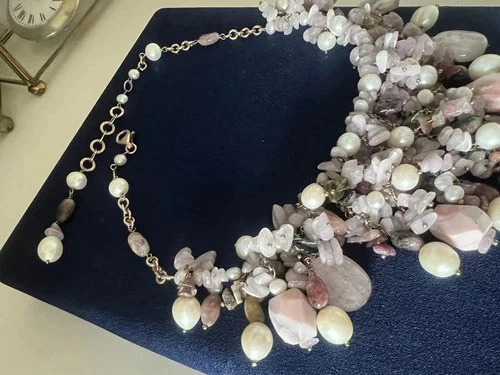 🔴 DEA GIOIELLI collana ARGENTO placcata oro tempesta di QUARZO ROSA perle - Immagine 3 di 4