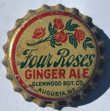 BOUCHON DE BOUTEILLE DE SODA QUATRE ROSES GINGER ALE GLENWOOD BOT. CO., AUGUSTA, ME BOUCHON INUTILISÉ