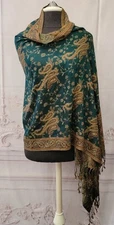 Victorian Trading Pashmina Paisley Teal & Gold Woven Shawl Scarf Wrap 44C