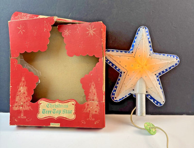 Vtg TIMCO Christmas Tree Topper Light Up Star White & Blue in Original Box WORKS