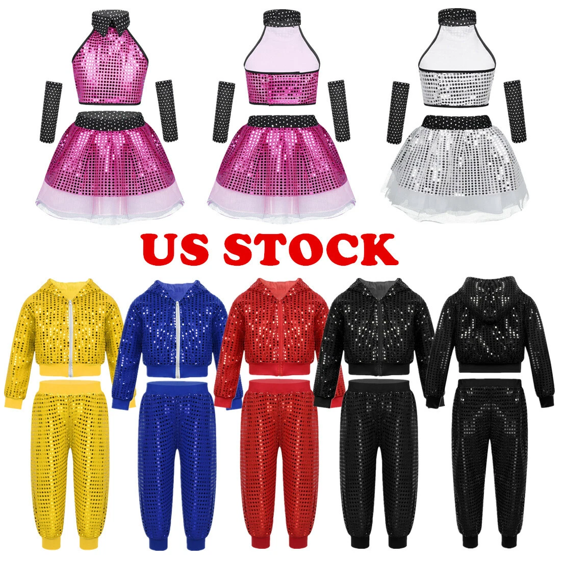 US Kid Girl Jazz Hip Hop Dance Dress Boy Sequins Street Dancing Costume  Outfits