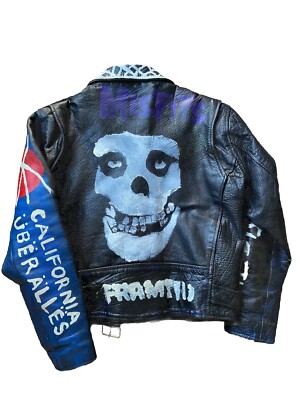 Vtg painted Leather Punk Jacket 44 L motorcycle Misfits dead kennedys