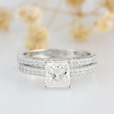 2.25 TCW Princess Moissanite Bridal Set Engagement Ring  14k White Gold Plated