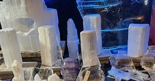Selenite Tower Lamp: Lt 6  Tall  Lt 3  Wide. Inc Wood Base  Led Lights