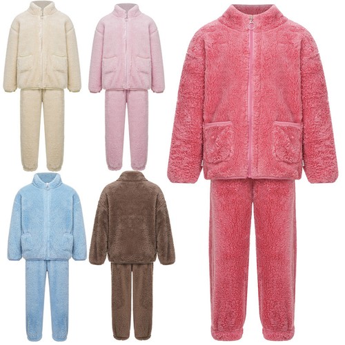 Unisex Kids Outfits Solid Color Sleepwear Tops Set With Pants Elastic Waistband - Picture 4 of 53
