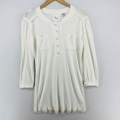 LINQ Top M Popover Tunic Fringed Chiffon Trim Long Sleeve Cotton Blend White