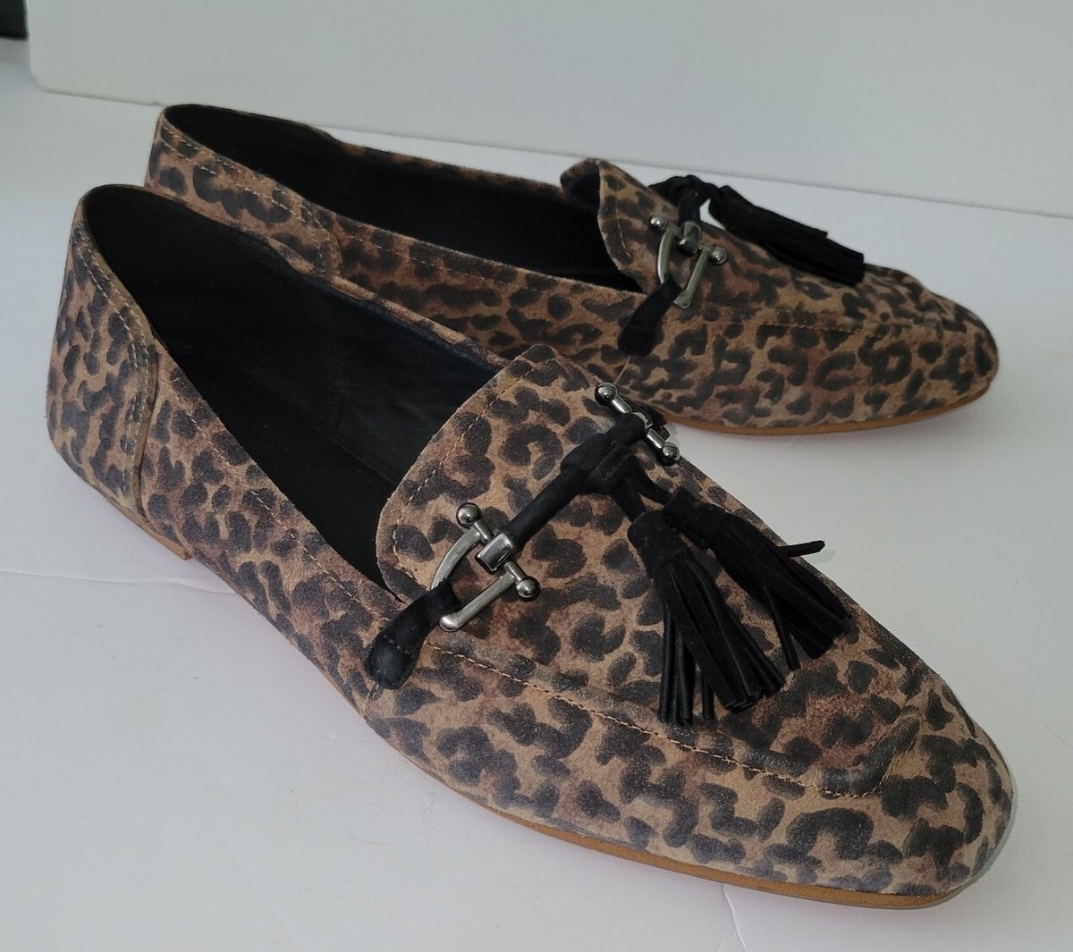 CLARKS leopard Print Suede Look Fabric Tassel Ladies 10 - Main Image
