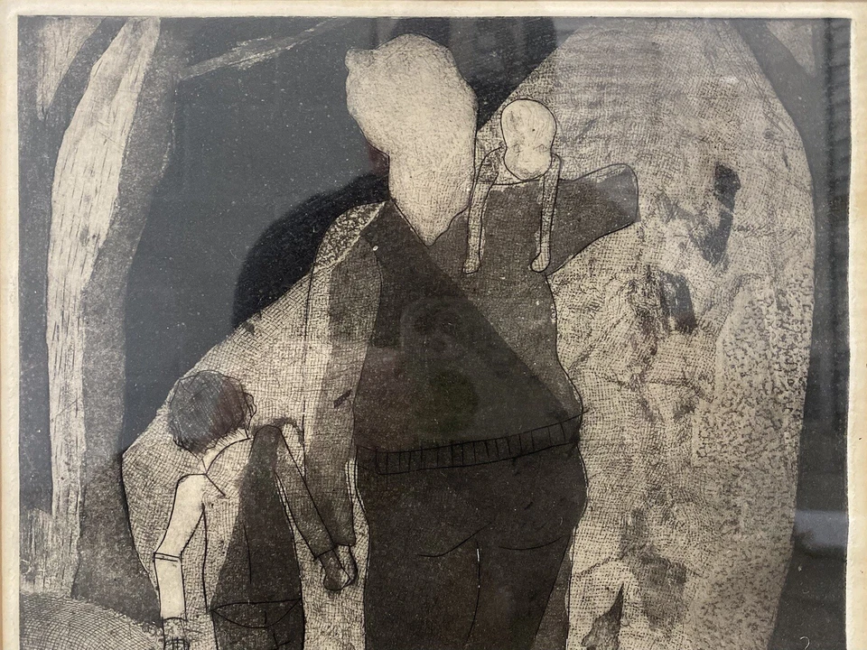 🔥 Litografía vintage cubista moderna madre hijo perro mediados de siglo, OSHATZ 1959 Foto 4 de 4