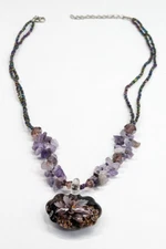 Amethyst Chip Multi Strand Seed Bead Floral Dichroic Glass Pendant Necklace 18"