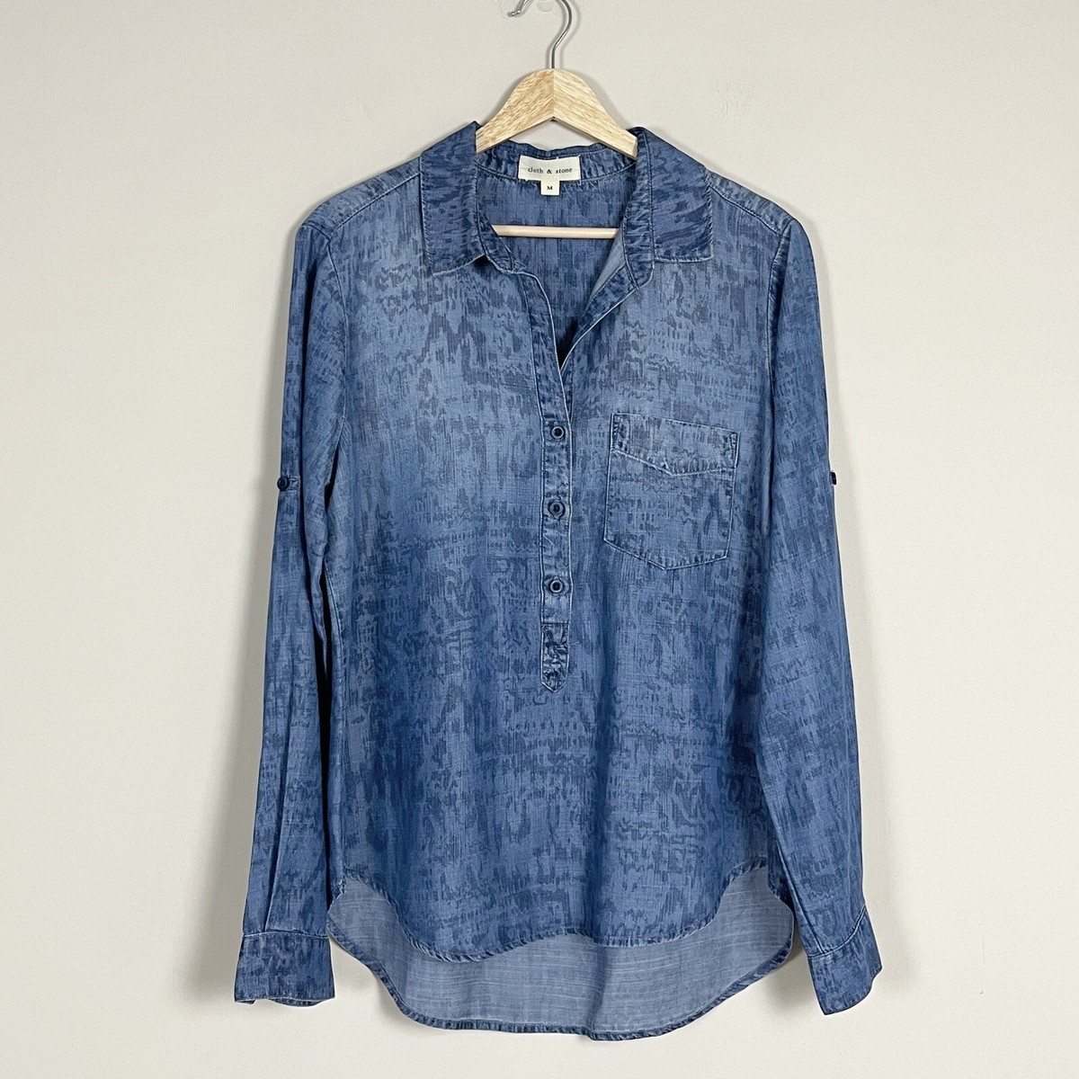 Cloth Stone Chambray Button Front Top Shirt Ombré Print Roll Tab