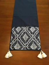 Marlo Lorenz Signature Table Runner Dark Blue White Stitched Decorative Border