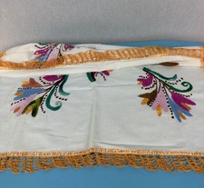 Embroidered Floral Crochet Trim Cotton Square Tablecloth White Orange
